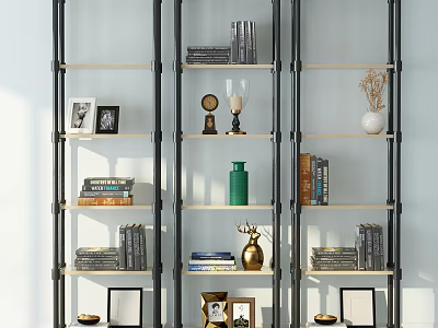 Modern Bookshelf With Layered Shelves Books Photo Frames And Decorative Items 3d model