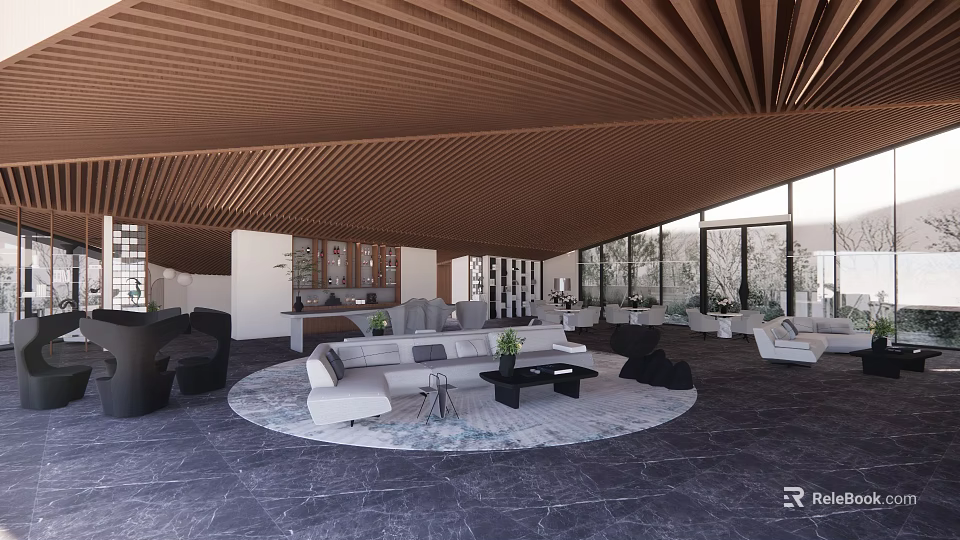 Modern Hotel Lobby Interior With Wooden Ceiling Sofa Seating And Large Windows 3d model