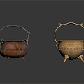 Decorative Copper And Golden Metal Containers With Ornate Handles And Stands