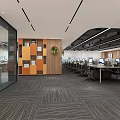 Modern Public Office Space With Open Workstations Glass Partitions And Gray Carpet 3d model