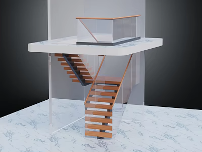 Contemporary Wooden Staircase With Glass Railing Open Steps And Platform Design 3d model