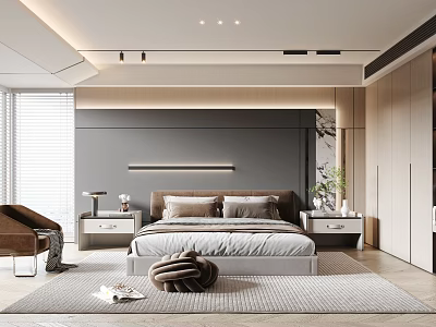 Modern Bedroom Interior Design With Gray Accent Wall Platform Bed Nightstands And Area Rug 3d model