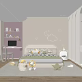 Soft Modern Kids Room Interior With Cloud Moon Neon Lights Bed Bookshelves And Stuffed Toys