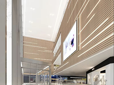 Modern Mall Store Interior With Wooden Striped Walls And Large Screens 3d model