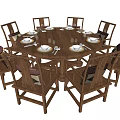 Wooden Round Dining Table Set With Chairs And Tableware Plates Spoons 3d model