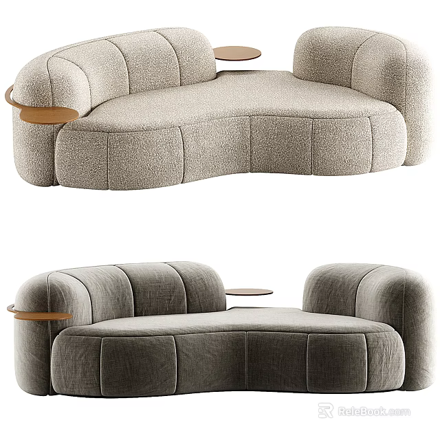 Modern Curved Sectional Sofa Upholstered In Light Gray Fabric With Wooden Armrests And Side Tables 3d model 