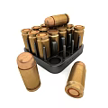 Military Weapon Ammunition Brass Bullets in Black Magazine with Red Primers and Scattered Rounds