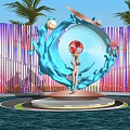 Sculpture With Blue Structure Human Figure Red White Spheres Purple Pink Striped Background Palm Trees