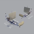 Two Ancient Sailing Ships With White Sails Wooden Hulls And Oars
