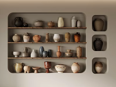 Ceramic Pottery Collection Display On Wall Shelves With Various Vases Jars And Figurines 3d model