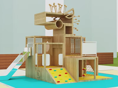 Children's Play Area With Wooden Multi Level Platforms Slide Climbing Elements And Colorful Mats 3d model