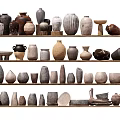 Ceramic Vessels Collection Displayed On Shelves With Various Shapes And Textures