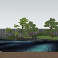 Tranquil Garden Landscape with Pond Pine Trees Wooden Deck Green Grass and Reflection