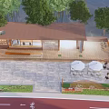 Scenic Wooden Pavilion Rest Stop With River Trees Bicycle Lane And Outdoor Seating