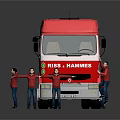 Red RISS HAMMES Truck with Three People in Red Clothes Inspecting Exterior