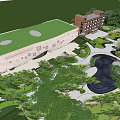 Modern Building With Green Roof And Adjacent Structure Surrounded By Trees And Landscaping