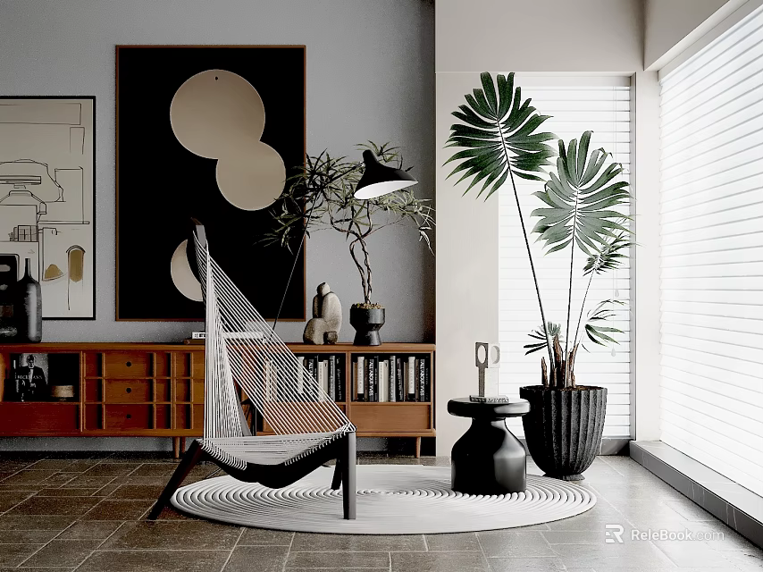 Modern Indoor Hammock Chair With Large Palm Plants Wooden Bookcase Round Rug And Wall Artworks 3d model 