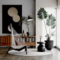 Modern Indoor Hammock Chair With Large Palm Plants Wooden Bookcase Round Rug And Wall Artworks