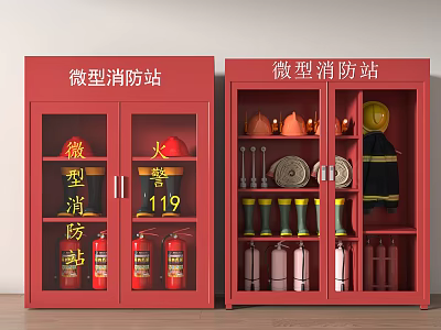 Fire Equipment in Red Mini Fire Station Cabinets with Essential Tools 3d model