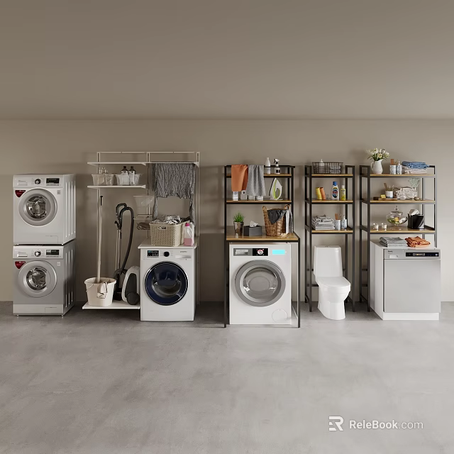 Modern Washing Machines in Laundry Room with Shelves Storage Baskets Cleaning Tools and Plants 3d model 