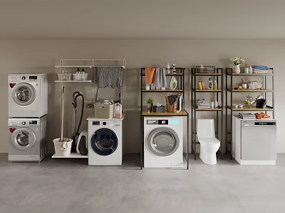 Modern Washing Machines in Laundry Room with Shelves Storage Baskets Cleaning Tools and Plants 3d model