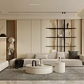 Modern Light Tones Living Room Interior Design With Sofa Display Shelves Area Rug And Floor Lamp