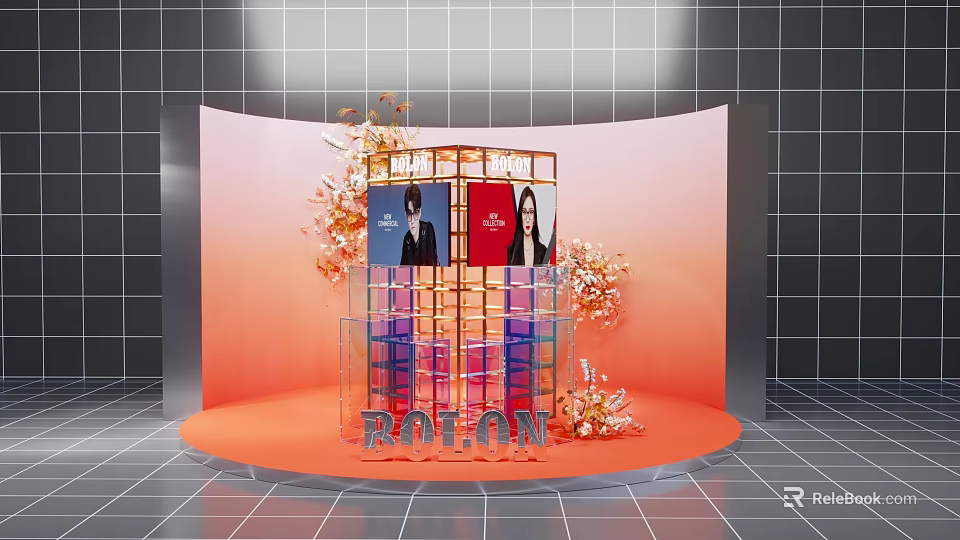 ROLON Product Display With Colorful Boxes Floral Arrangements Pink Backdrop And Gray Tiles 3d model 