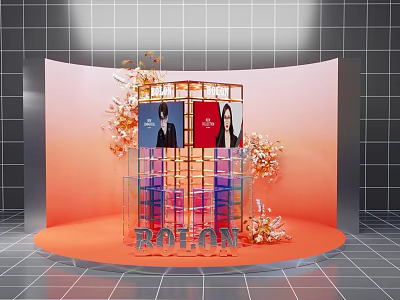 ROLON Product Display With Colorful Boxes Floral Arrangements Pink Backdrop And Gray Tiles 3d model