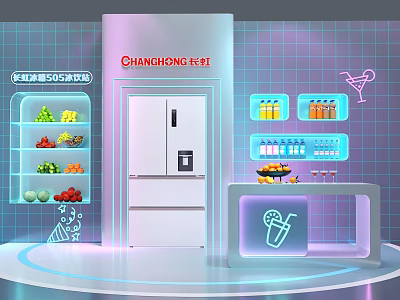 CHANGHONG Refrigerator With Fruits Beverages Neon Display Shelves In Modern Scene 3d model