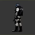Futuristic Character In Biomechanical Armor Standing With Glowing Blue Visor And Weapon