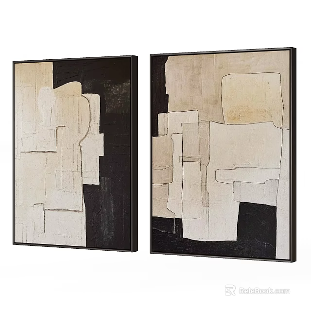 Two Panel Abstract Paintings with Geometric Shapes and Neutral Tones on Canvas 3d model 