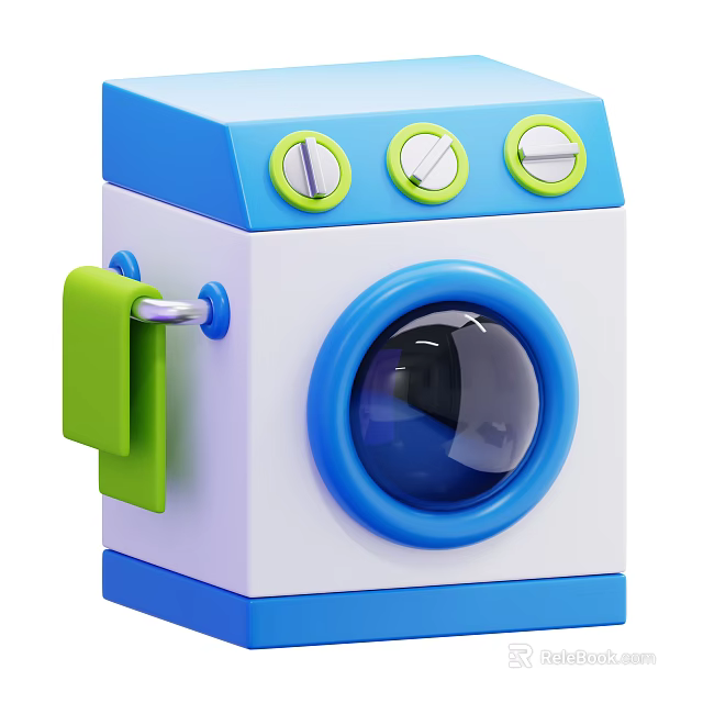 Stylish Blue And White Washing Machine With Green Accent Three Knobs And Transparent Door 3d model 