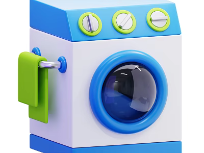 Stylish Blue And White Washing Machine With Green Accent Three Knobs And Transparent Door 3d model