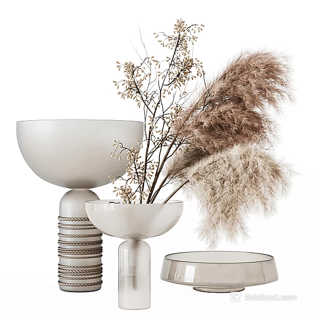 Elegant Decorative Ornament Set With Various Shaped Ceramic Vases And Dried Pampas Grass 3d model 