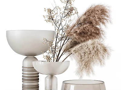 Elegant Decorative Ornament Set With Various Shaped Ceramic Vases And Dried Pampas Grass 3d model