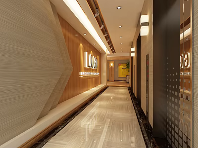 Modern Elevator Hallway With Wooden Accents Marble Flooring Lighting Strips And Company Logo 3d model