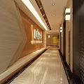 Modern Elevator Hallway With Wooden Accents Marble Flooring Lighting Strips And Company Logo