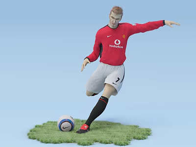 A Man In Red Manchester United Jersey Kicking Football On Green Grass Field 3d model