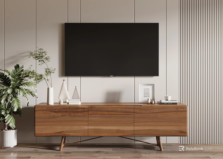 Modern Wooden TV Stand With Decorations Picture Frame And Green Plant Near Light Striped Wall 3d model 