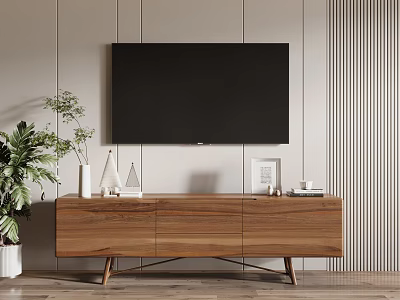 Modern Wooden TV Stand With Decorations Picture Frame And Green Plant Near Light Striped Wall 3d model