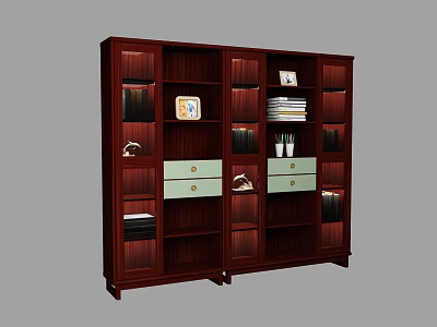 Dark Wooden Bookcase with Open Shelves Drawers Books Photo Frame and Decor 3d model