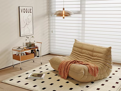 Beige Quilted Single Seater Sofa With Side Cart Rug And Vogue Poster 3d model