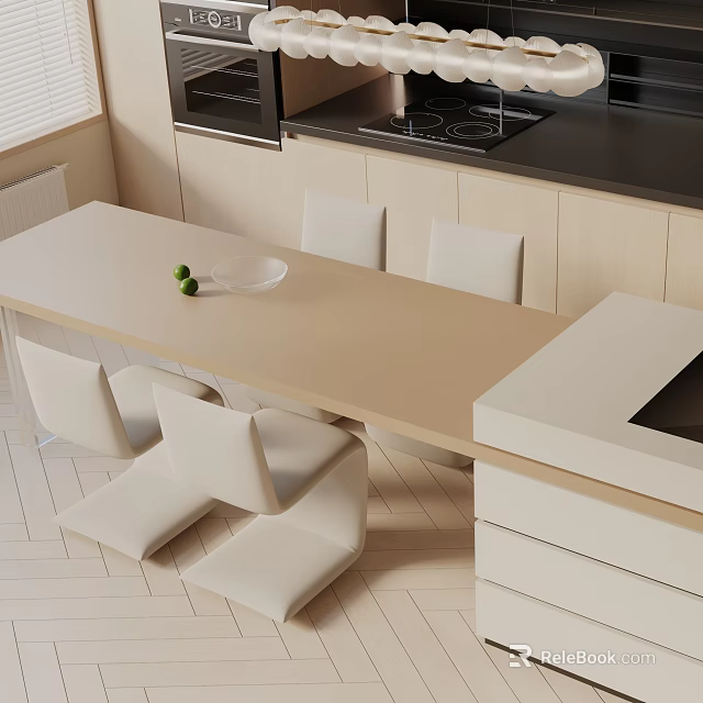 Modern Dining Table Set With Beige Table White Chairs And Open Kitchen Island 3d model