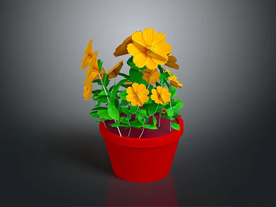 Potted Plant With Yellow Flowers And Green Leaves In Red Pot 3d model