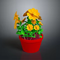 Potted Plant With Yellow Flowers And Green Leaves In Red Pot