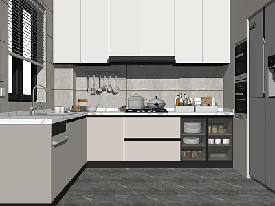 Modern White Kitchen Cabinets With Sleek Countertop And Range Hood Appliances 3d model