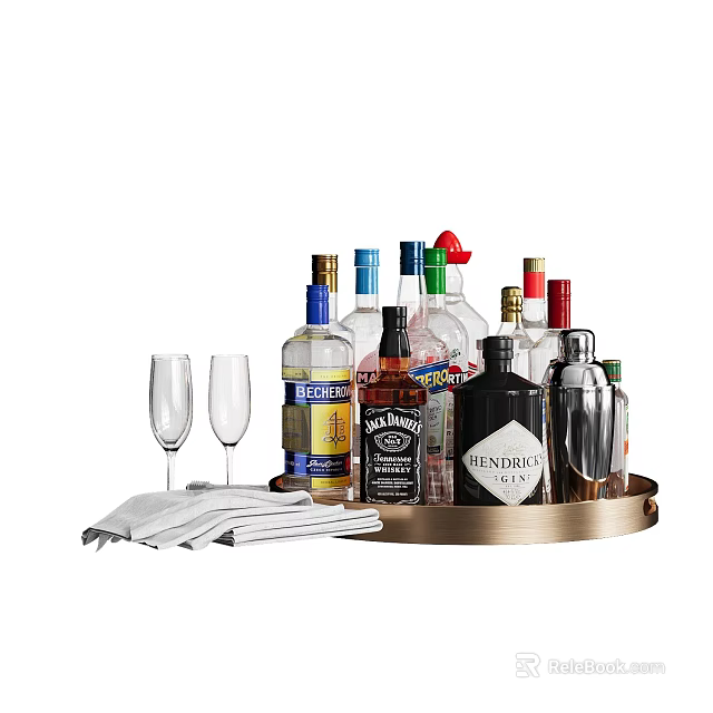 Stylish Wine Bottles and Glasses Display on Metal Tray with Folded White Napkins 3d model 