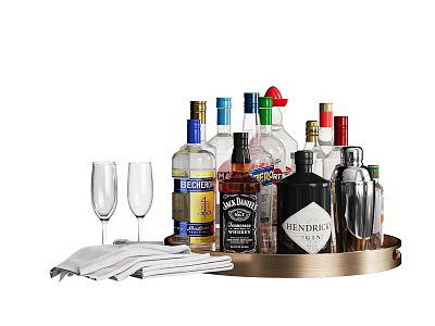 Stylish Wine Bottles and Glasses Display on Metal Tray with Folded White Napkins 3d model
