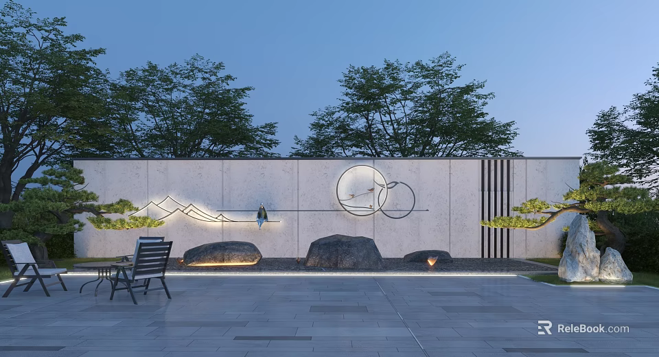 Modern Outdoor Garden Feature Wall with Circular Design Linear Patterns Trees Rocks and Courtyard Chair 3d model 