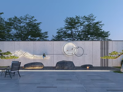 Modern Outdoor Garden Feature Wall with Circular Design Linear Patterns Trees Rocks and Courtyard Chair 3d model